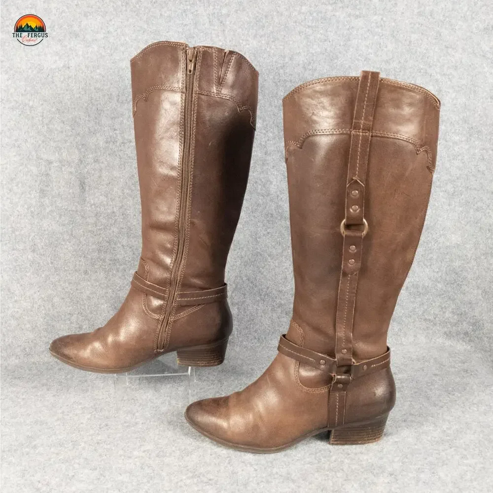 Sofft Riding Boots Brown Leather Knee High Harness Strap Block Heels Women's 8M